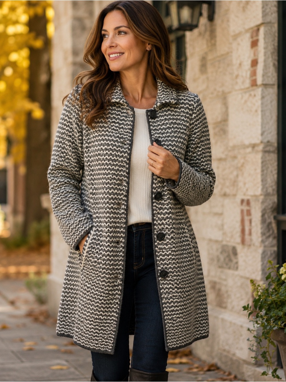 Cocogio Italy Alpaca Wool Blend Knit Sweater Coat Cardigan Gray Cream Women’s S